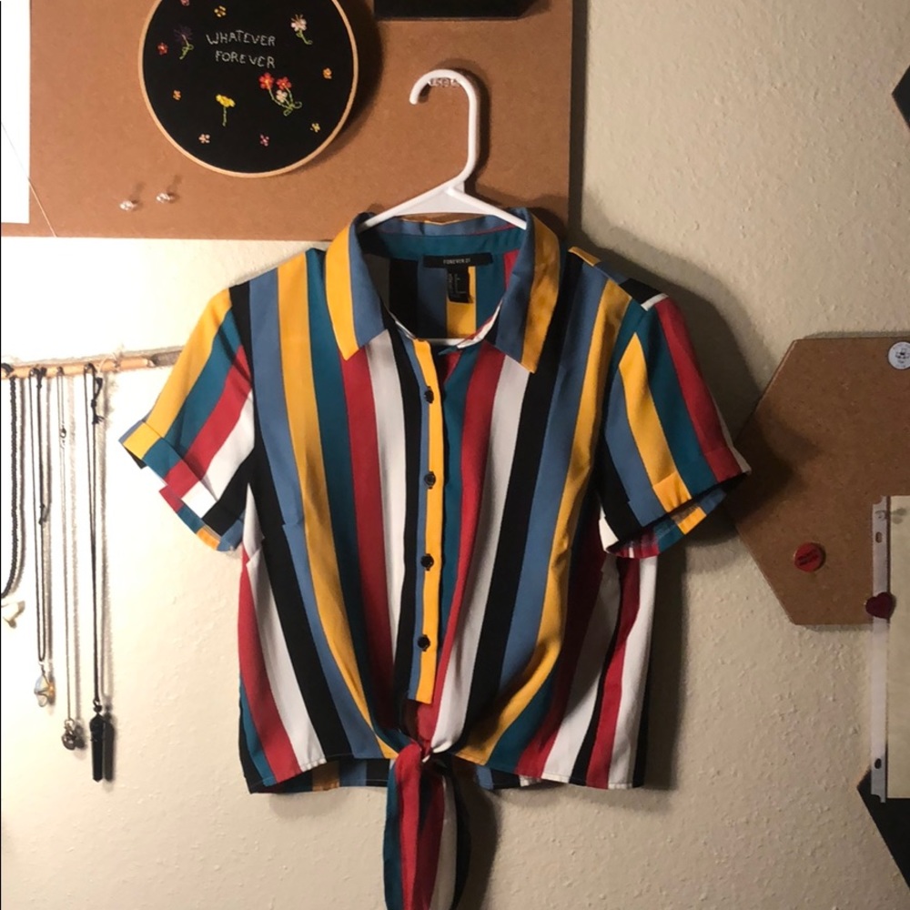 Forever 21 stripe button up tie crop